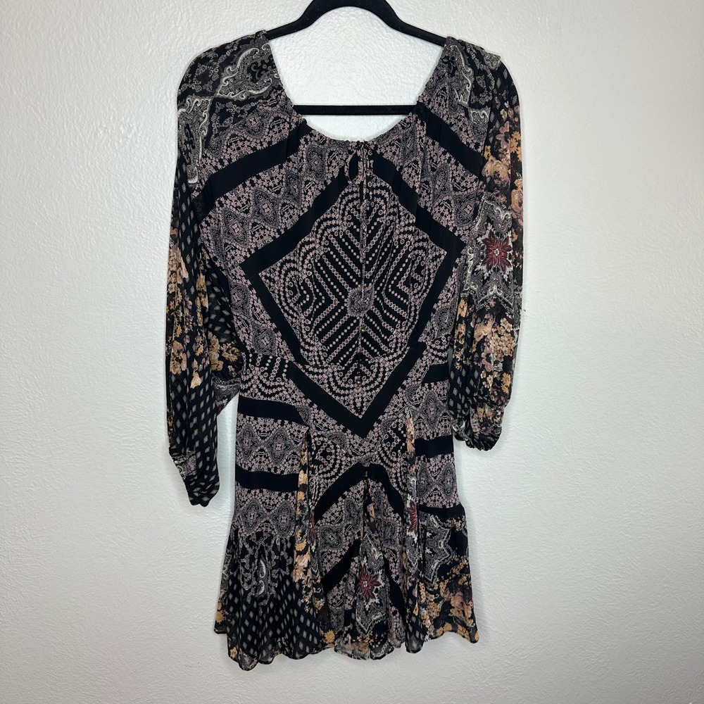 Free People Seven Wonders Mini Dress Black Paisley Boho Size Large NWT - Picture 3 of 10